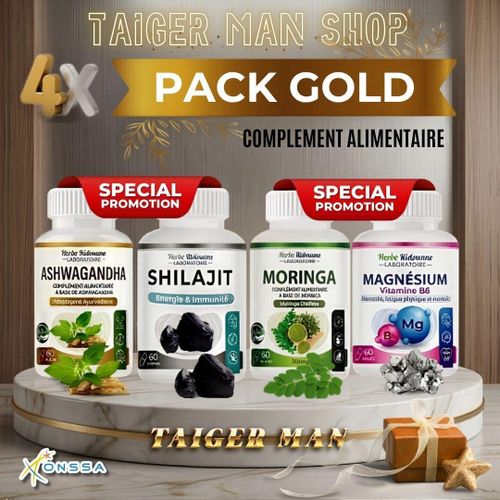 Pack Gold x4 shilajit, ashwagandha, magnésium, Moringa, -Soin pour la peau Capsules multi-collagène Poisson Complément alimentaire Capsules multi-collagène marin Poisson.