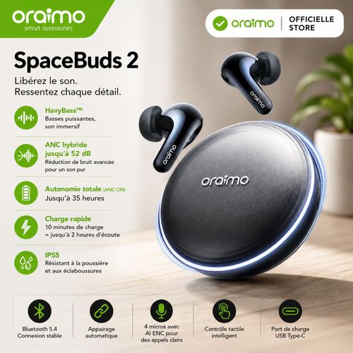 SpaceBuds 2 ANC Hybride IA 52 dB Bluetooth 6.0, Traduction IA, 45 Heures d'Autonomie, OTW-631
