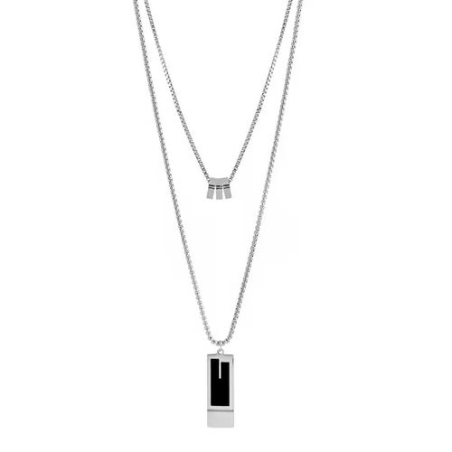 Collier à Double Chaîne Avec Pendentif Carré Double Couche En Acier inoxydable Argent Pour Hommes