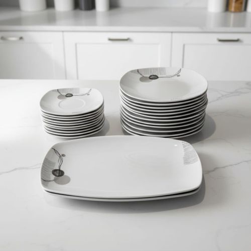 طقم طاولة مكون من 26 قطعة من الخزف الأبيض مع تصميم عصري، 12 طبق عشاء + 12 طبق حلوى + 2 طبق تقديم