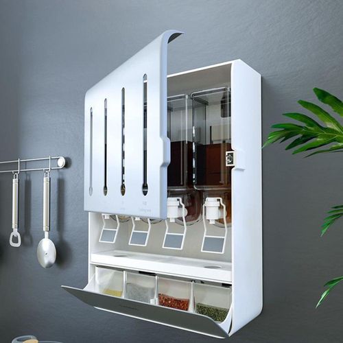 Distributeur mural multifonction pour huile et sauces – Rangement cuisine avec boîtes à épices