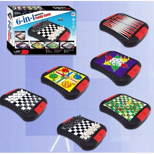 مجموعة ألعاب لوحية عائلية 6 في 1 تحتوي على الشطرنج وطاولة الزهر والثعابين والسلالم واللودو والداما والداما الصينية