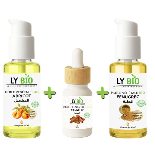 PACK HUILE ABRICOT 50ML - POMPE + HUILE ESSENTIEL CANNELLE 10ML + HUILE FENUGREC 50ML - POMPE