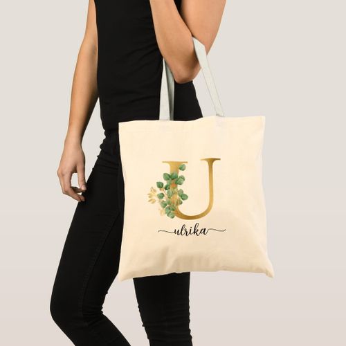 Tote Bag Lettre d'or U Eucalyptus Feuilles Personnalisé Unique, haute qualité
