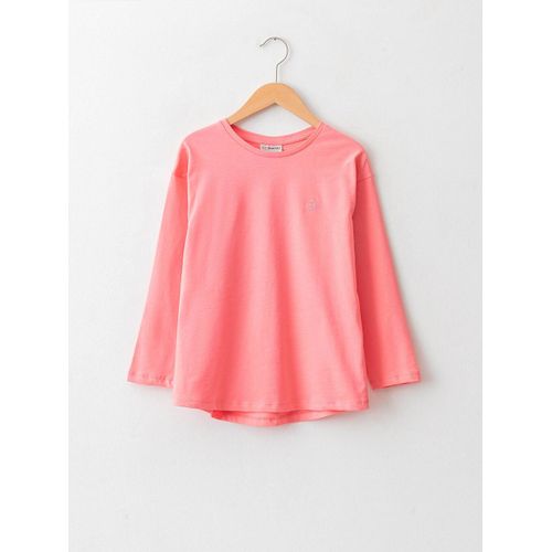 T-shirt Fille en Coton à Manches Longues avec Détails Brodés Col Rond