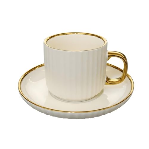 Tasses à Thé - Céramique Rayée et Filet Doré - Service Élégant - Blanc et Or, 12 Pièces