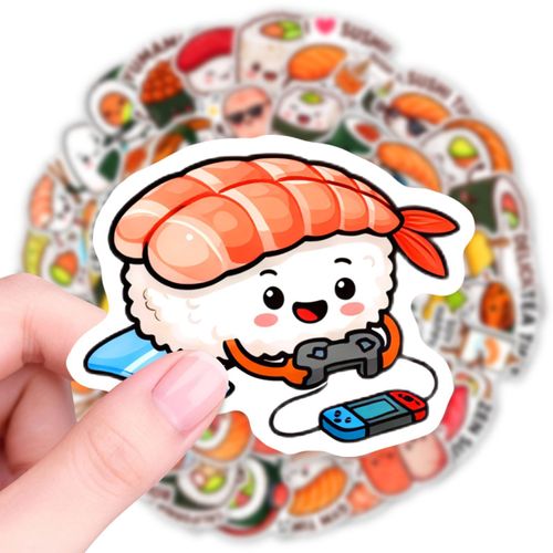 Améliorez votre décoration avec un lot de 50 adorables autocollants personnages sushi durables, parfaits pour ordinateurs portables, bouteilles d'eau, journaux et plus encore