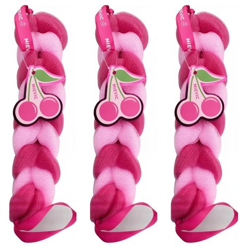 Lot de 3 - Éponge de Dos Tressée - Rose et Fuchsia - Accessoire de Bain et Douche - Motif Cerise