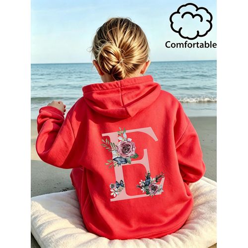 Sweat à capuche pour fille 2026 Nouveau thème esthétique romantique, sweat confortable, vêtement pour fille avec motif imprimé floral et lettre E, haut chaud d'automne/hiver à la mode et tendance