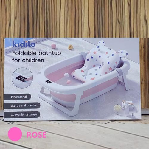 حوض استحمام قابل للطي للأطفال مزود بوسادة ناعمة وشاشة عرض درجة حرارة الماء في الوقت الفعلي وفتحة تصريف