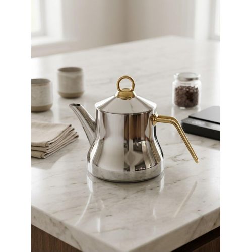 Théière / Cafetière en Acier Inoxydable Inox 18 crt Argenté avec Poignée Dorée (1.2L) - Style Moderne