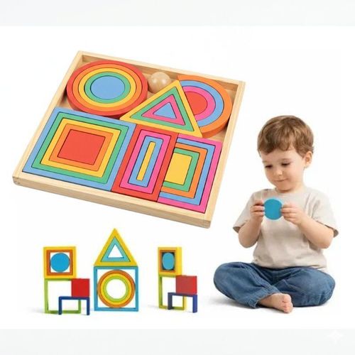 Puzzle en Bois Géométrique Montessori Jeu Éducatif pour l Éveil Sensoriel et la Motricité Fine Blocs à Empiler et Trier Arc en Ciel pour Tout Petits Formes Carrés Triangles Rectangles Cercles Encastrement Plateau de Rangement