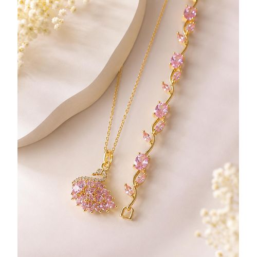 Ensemble Collier & Bracelet Femme Plaqué Or – Pendentif Cygne avec Cristaux Roses – Bijoux Élégants pour Cadeau