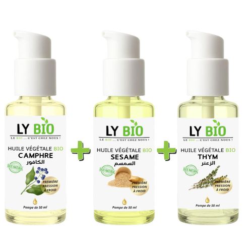 PACK HUILE CAMPHREE 50ML - POMPE HUILE SESAME 50ml - POMPE HUILE THYM 50ML - POMPE
