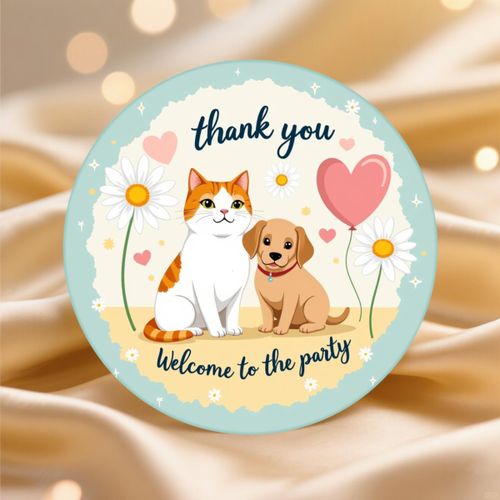 Lot de 24 ou 48 autocollants de bureau motif chat et chien avec fleurs, cœurs et texte Merci et Bienvenue à la fête sur fond bleu pour décorations de fête et cadeaux