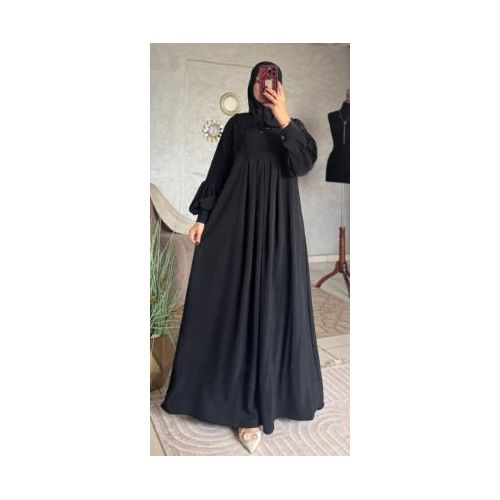 Abaya Noire Élégante à Col Claudine - Robe Longue Fluide & Modeste