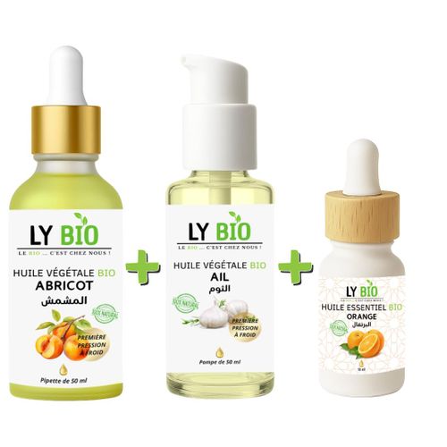 عبوة LYBIO زيت المشمش 50 مل - قطارة + زيت الثوم 50 مل - مضخة + زيت البرتقال العطري 10 مل