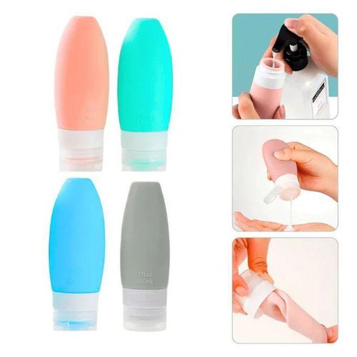 Lot de 4 Flacons de voyage en silicone souple – Anti-fuite, réutilisables, pour cosmétiques et produits d’hygiène
