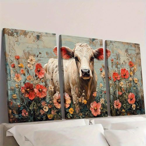 Tableau Mural Vache et Fleurs Champêtres 3 Pièces 60 x 40 cm - Toile Canvas HD - Style Peinture à l'Huile - Décoration Salon Chambre Bureau - Châssis en Bois