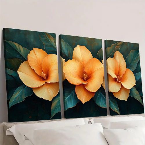 Tableau Mural Art Tropical Fleurs d'Hibiscus Jaune Doré et Feuillage Vert Sombre Triptyque 3 Pièces 60 x 40 cm - Toile Canvas HD sur Châssis Bois