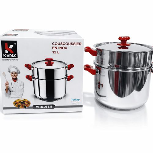 Couscoussier en Acier Inoxydable INOX Capacits Varies au Choix Haute Qualit Poignes Thermorsistantes Rouges