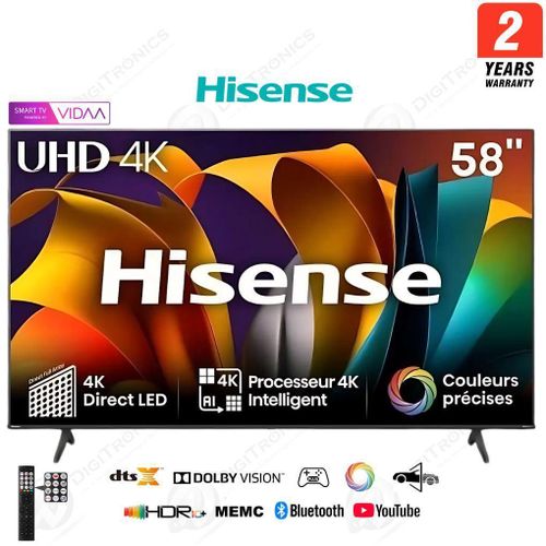 58 Smart Tv 4K Ultra HD Système Vidaa Série A6N Dolby Vision, Durant 2 Ans Garantie, 58A6N