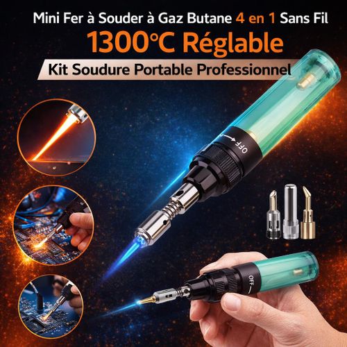 Mini Fer à Souder à Gaz Butane 4 en 1 Sans Fil – 1300°C Réglable, Kit Soudure Portable Professionnel pour Électronique, Réparation, Bijoux & DIY