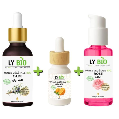 PACK HUILE CADE 50ML - PIPETTE HUILE ESSENTIEL ORANGE 10ML HUILE ROSE 50ml - POMPE