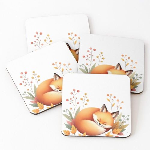 4 Dessous de Verre Renard endormi dans les feuilles d'automne - Art animalier douillet sous tasse unique