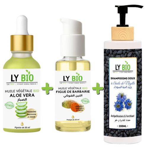 PACK HUILE ALOE VERA 50ml - PIPETTE + HUILE FIGUE DE BARBARIE 50ML - POMPE + SHAMPOOING A L'HUILE DE NIGELLE 200ML