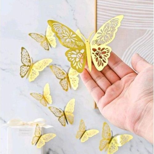 Lot de 12 papillons décoratifs ajourés effet 3D pour ornement mural fête mariage anniversaire chambre et salon, stickers dorés à motif découpé pour création de décorations intérieures et compositions florales, accessoires pour événements