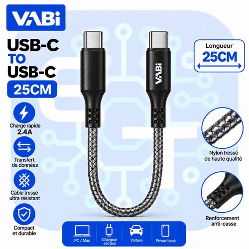 كابل USB-C إلى USB-C بطول 25 سم – شحن 2.4A – كابل مضفر مقاوم – نقل البيانات – موديل CA30