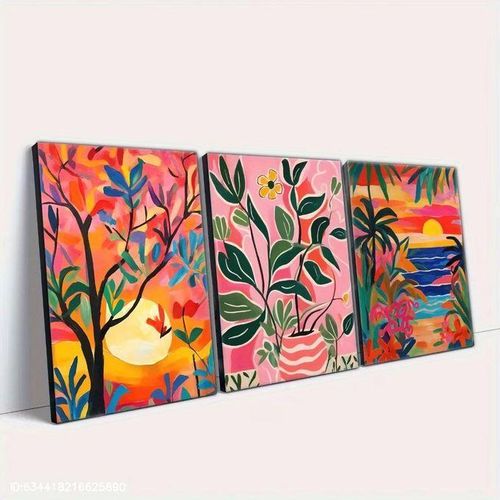 Tableau lot de 3 décorations murales motifs tropicaux et botaniques multicolores style bohème