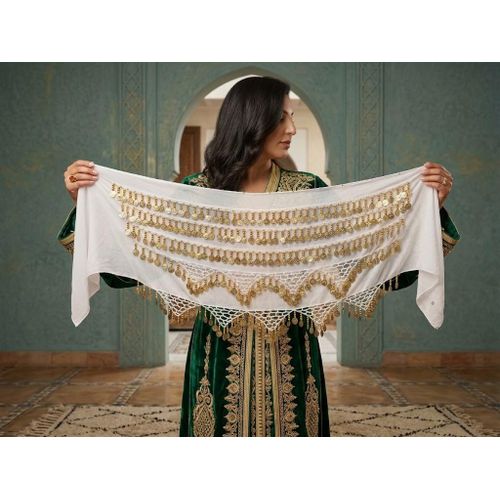 Ceinture de Danse Orientale en Mousseline Blanc avec Pièces Dorés - Foulard de Hanche Traditionnel