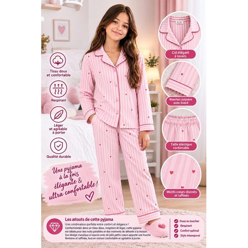Ensemble Pyjama Fille 2 Pièces en Tissu Doux et Respirant Ensemble Chemise Boutonnée à Manches Longues et Pantalon Élastique Rayures Roses et Petits Cœurs ultra Confortable