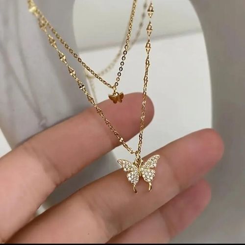 Collier papillon double couche à la mode, Collier élégant et chic en acier inoxydable avec un beau pendentif papillon, Bijoux inoxydable femme