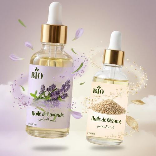 Lot Huile de lavande 50 ml + Huile de sesame 30 ml usage peau cheveux