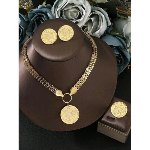 Ensemble Bijoux 4 Pièces Doré Style Arabe – Collier, Boucles d’Oreilles et Bague