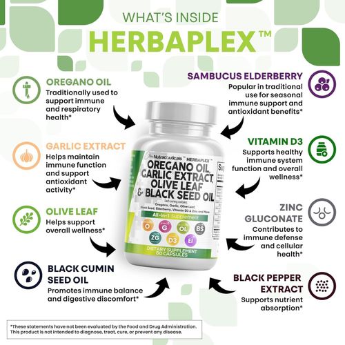 Huile d'origan avec huile de nigelle, ail et extrait de feuilles d'olivier - Capsules d'huile d'origan, complément alimentaire pour le soutien immunitaire, carvacrol et thymoquinone pour femmes et hommes, enrichi en vitamine D3 et zinc à base de sureau