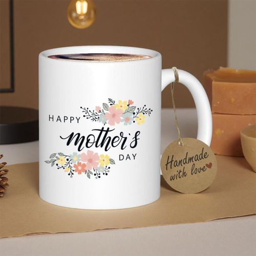 1 tasse cadeau pour la Fête des Mères avec texte "Joyeuse fête maternelle" et couronne florale rose - Tasse à café antidérapante vaisselle, blanc thé/café with boucle en forme de ruban design étiquette artisanat (Idéal d'utilisation)