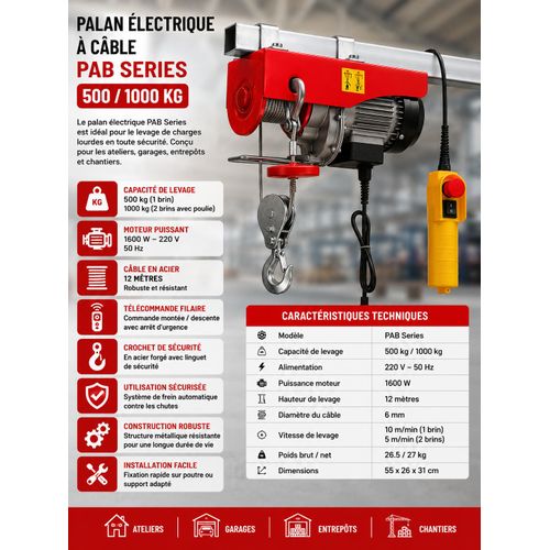 Palan treuil électrique à câble JORHSON 1000kg 1600w