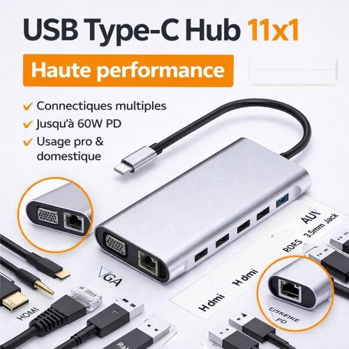Hub USB-C 11 en 1 Multifonction HDMI VGA RJ45 USB 3.0 PD