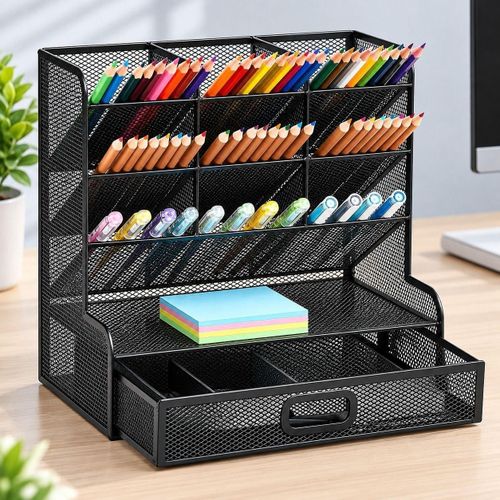 Organisateur de Bureau en Maille Métallique Multifonction, Porte-Stylos Rangement Papeterie pour École, Maison, Bureau et Fournitures Artistiques