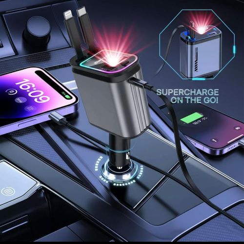 Chargeur de Voiture Rapide 4-en-1 Multifonction - Chargeur Allume-Cigare Orientable avec Câbles Rétractables (Type-C & Lightning), Port USB, Type-C & Projecteur d'Ambiance Étoilée LED