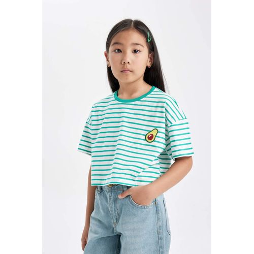 تي شيرت مخطط بأكمام قصيرة وياقة دائرية للبنات