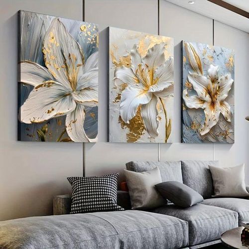 Set de 3 Tableaux Muraux Fleur Blanche et Or – Décoration Murale Florale Moderne sur Toile