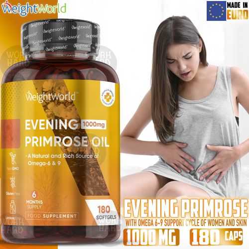 Evening Primrose Oil (Onagre) 1000mg Plus Omega 6-9,Cold Pressed Maintains Blood Cholesterol (EFSA) 180 Soft