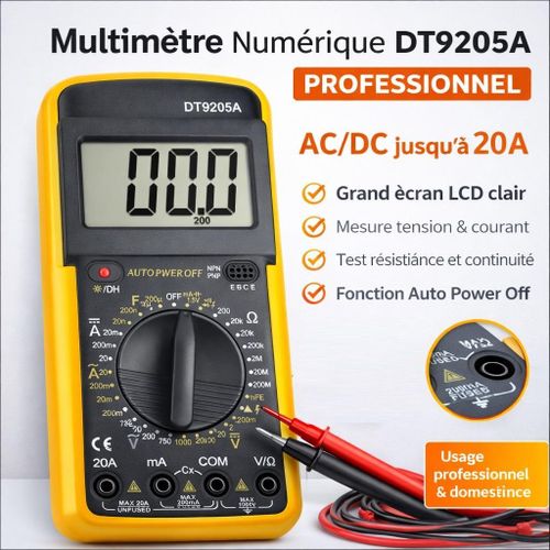 Multimètre Numérique DT9205A AC/DC 20A – Testeur Tension Résistance