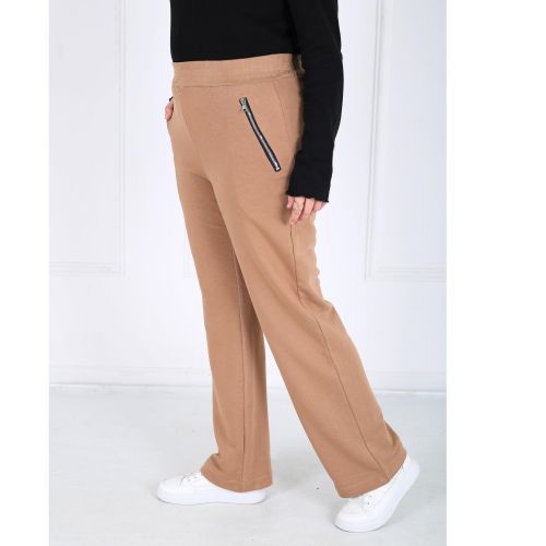 Pantalon Femme - Droit Poches Zippées - Molleton - Camel