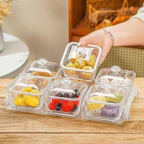 Assiettes en Verre avec Couvercles et Plateau en Bois Boîte de Fruits Élégante et Pratique pour la Maison